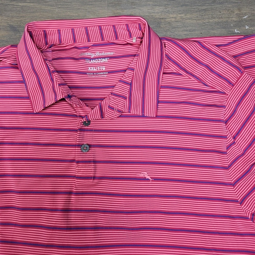 Tommy Bahama IslandZone Pink Navy Stripe Performance Polo Shirt Men XXL 2XL Golf